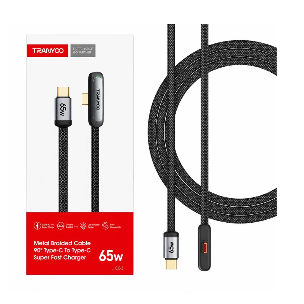 Cable USB Tipo C CC-3 Mallado 1,2m Carga Rápida 65W con Conector en Ángulo y Luz LED