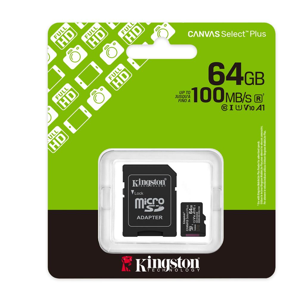 Tarjeta Micro Sd Kingston 64Gb C/Adap Clase 10 Uhs-I (U1) 100Mb/S Canvas Plus