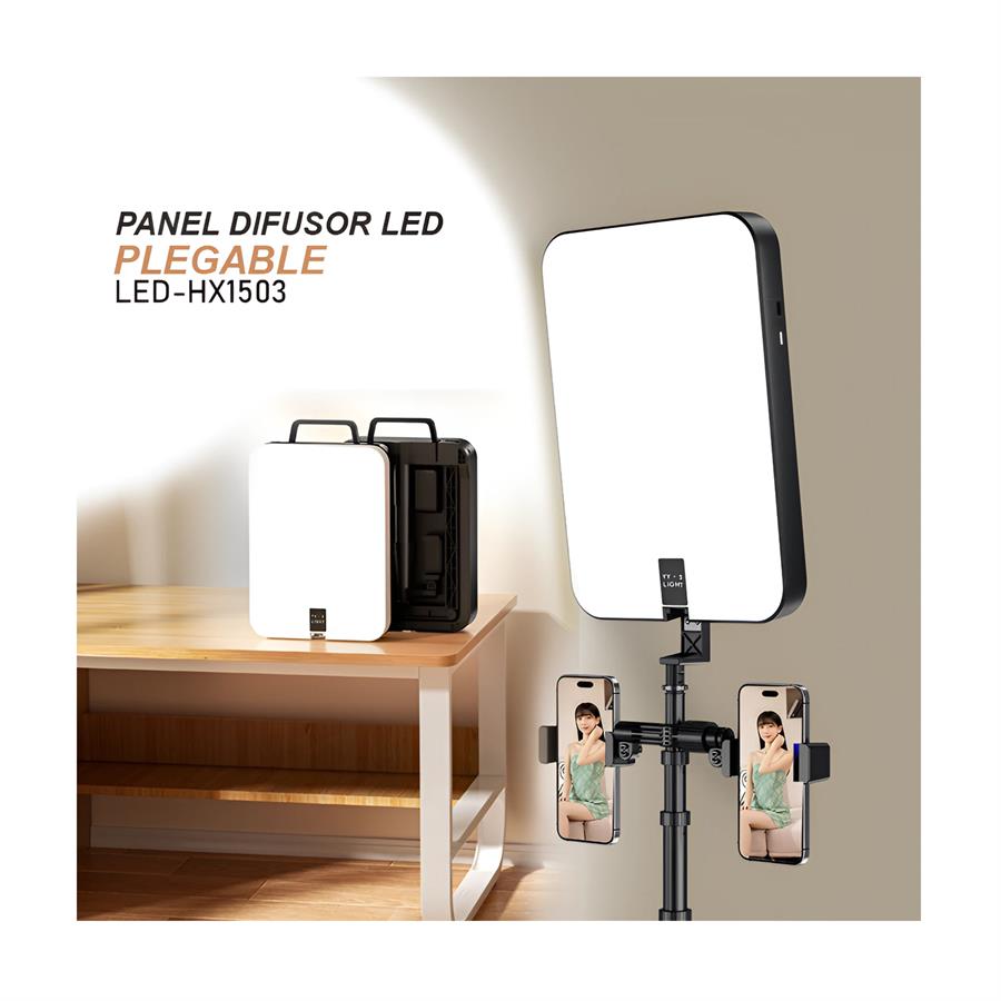 LED-HX1503 Panel Difusor Led Portátil Plegable Con Base Y Soporte Para 2 Celulares 21.5 X 29.5 Cm